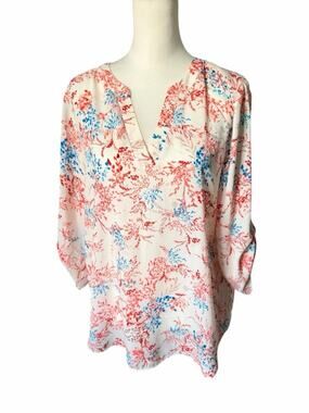 Chaus White Blouse with Coral Red Blue Botanical Print Size Large